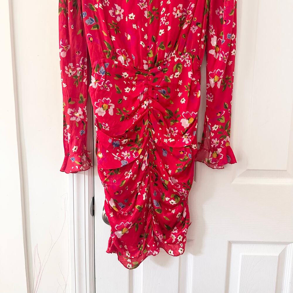 Sau Lee Red Floral Print Ruched Skirt Long Sleeve Fitted Sheath Mini Dress 2 - Picture 7 of 8